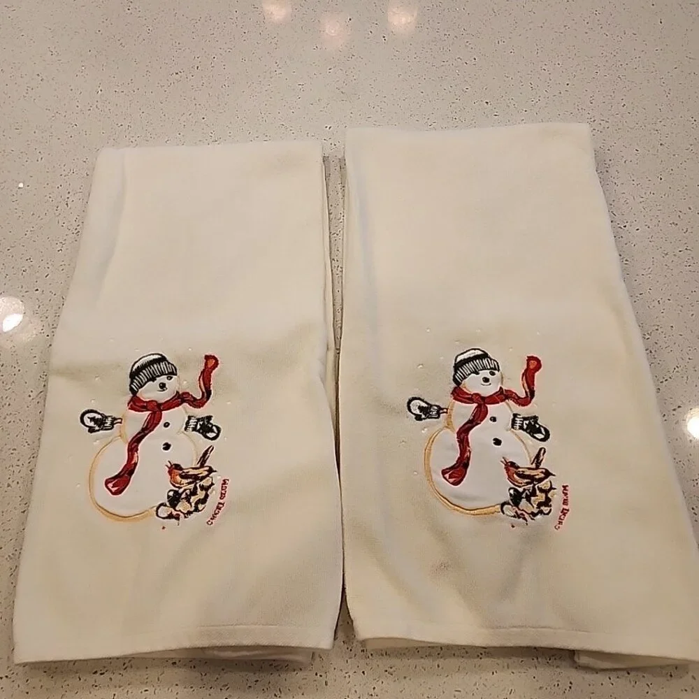 Vintage 1978 Avanti Snowman Christmas Bath Towels Set Of 2 White 40x20